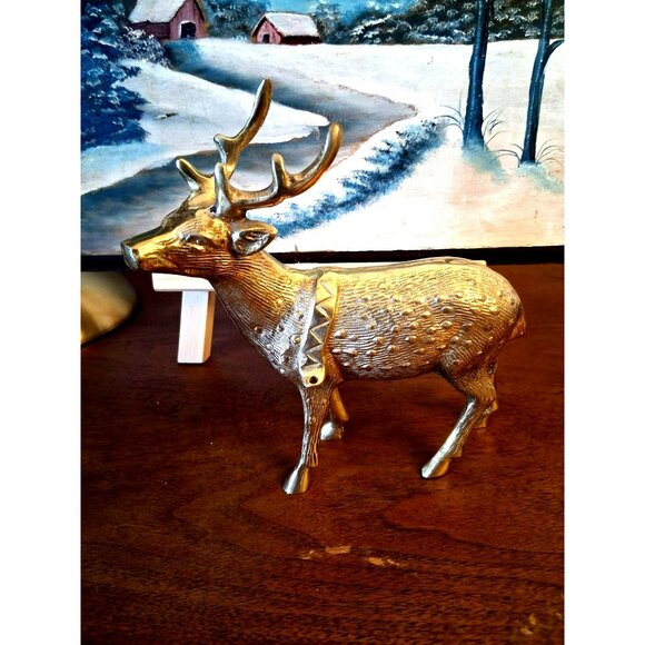 Vintage Brass Deer Figurine With Embossed Details & Decorative Collar 7" Tall Ho - Picture 1 of 7